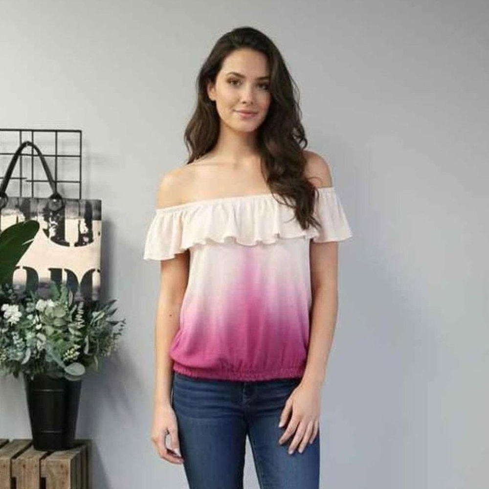 Free People Boho Ombre Dip Dye Ruffle Off the Shoulder Gauze Top Small